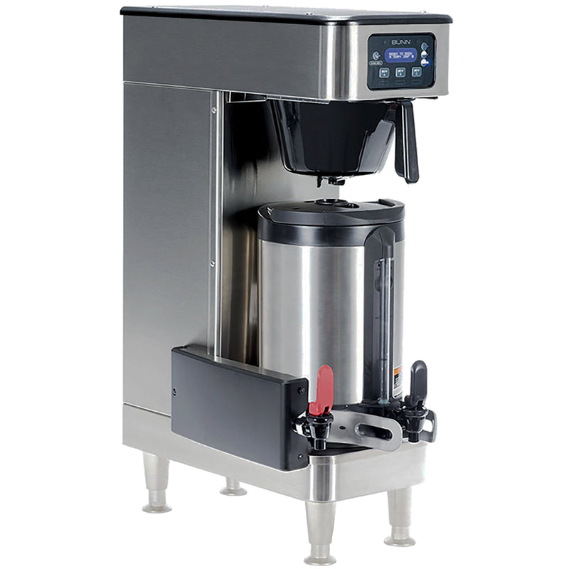 Bunn ICB-SH Infusion Series soft heat stainless steel coffee brewer with hot water tap and docked server, angled view