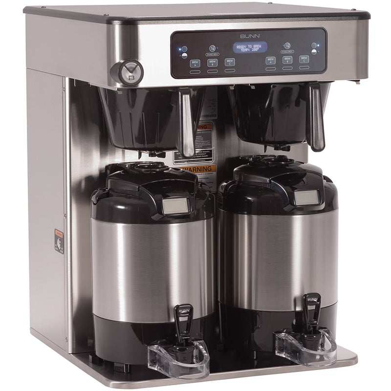 Bunn ICB-TWIN Infusion Series twin stainless steel coffee brewer with hot water tap and two servers, front view