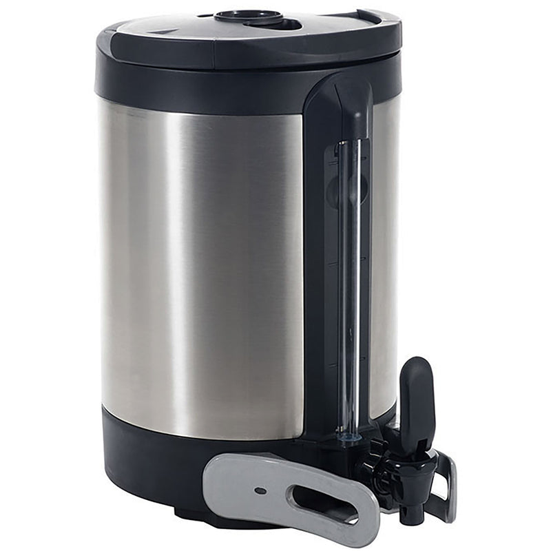Bunn Infusion Series 5.7L stainless steel soft heat coffee server with black handle and faucet, angled view