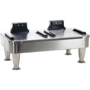 Bunn Infusion Series double soft heat docking stand in stainless steel with two server docks and legs, angled view