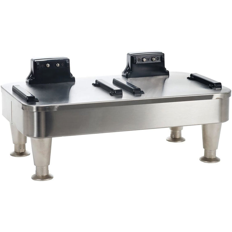 Bunn Infusion Series double soft heat docking stand in stainless steel with two server docks and legs, angled view