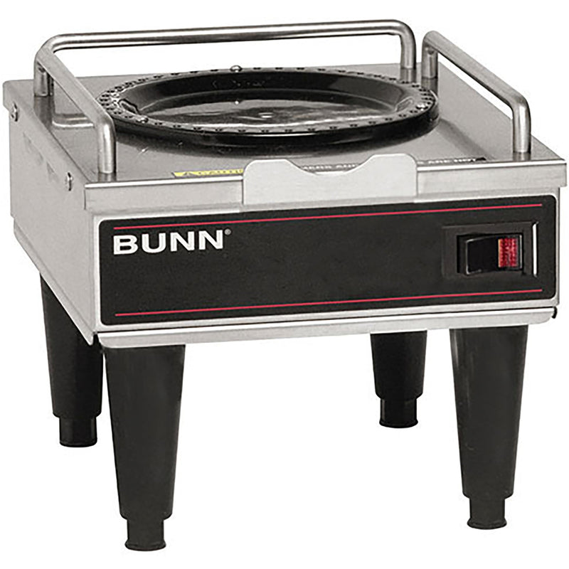Bunn RWS1 stainless steel plate style warmer with wire server rack and red switch for the 5.7L GPR server, angled view