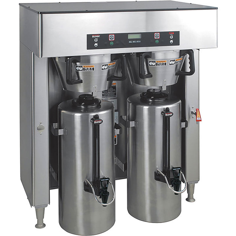 Bunn TITAN-DUAL Titan Series twin stainless steel coffee brewer with hot water tap and two large servers, angled view