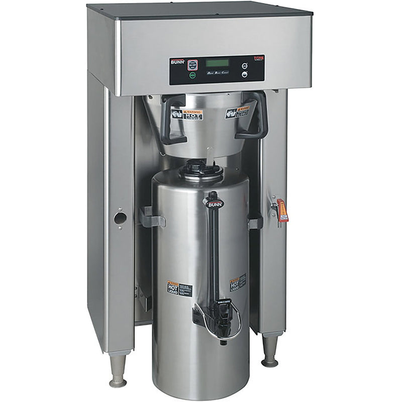 Bunn TITAN-SINGLE Titan Series stainless steel coffee brewer with hot water tap and one large server, angled view