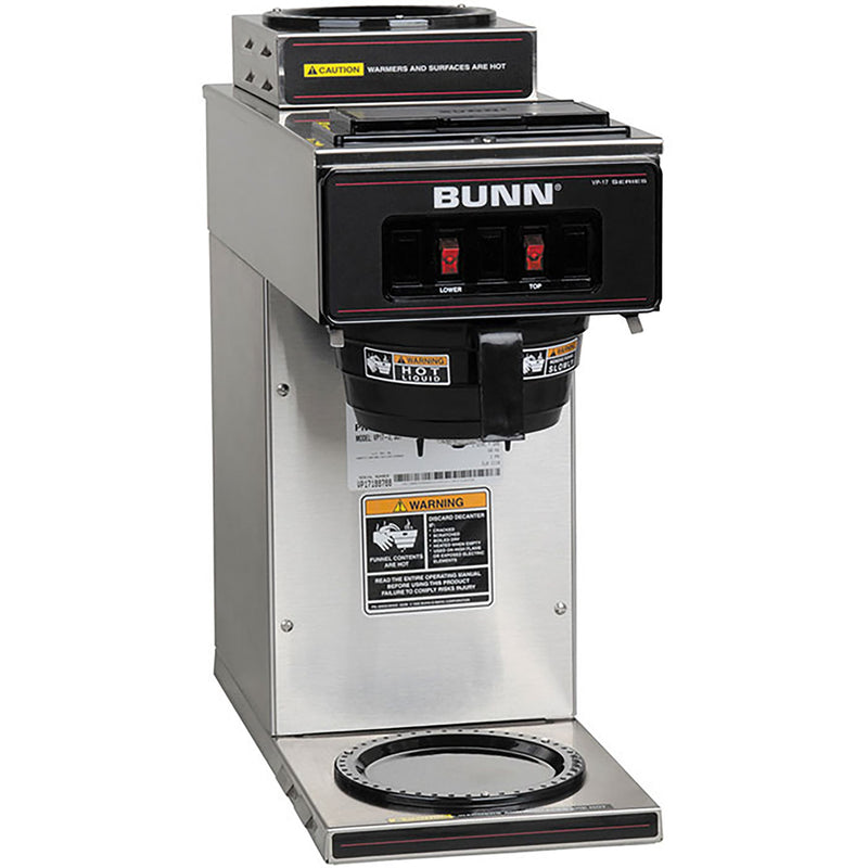 Bunn VP17-2 stainless steel pour over decanter coffee brewer with two warmers and brew funnel, angled front view