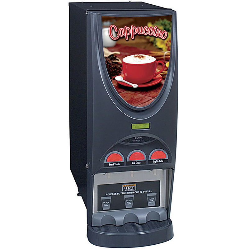 Bunn iMIX-3 black powdered hot drink dispenser with three flavour buttons and illuminated cappuccino door panel
