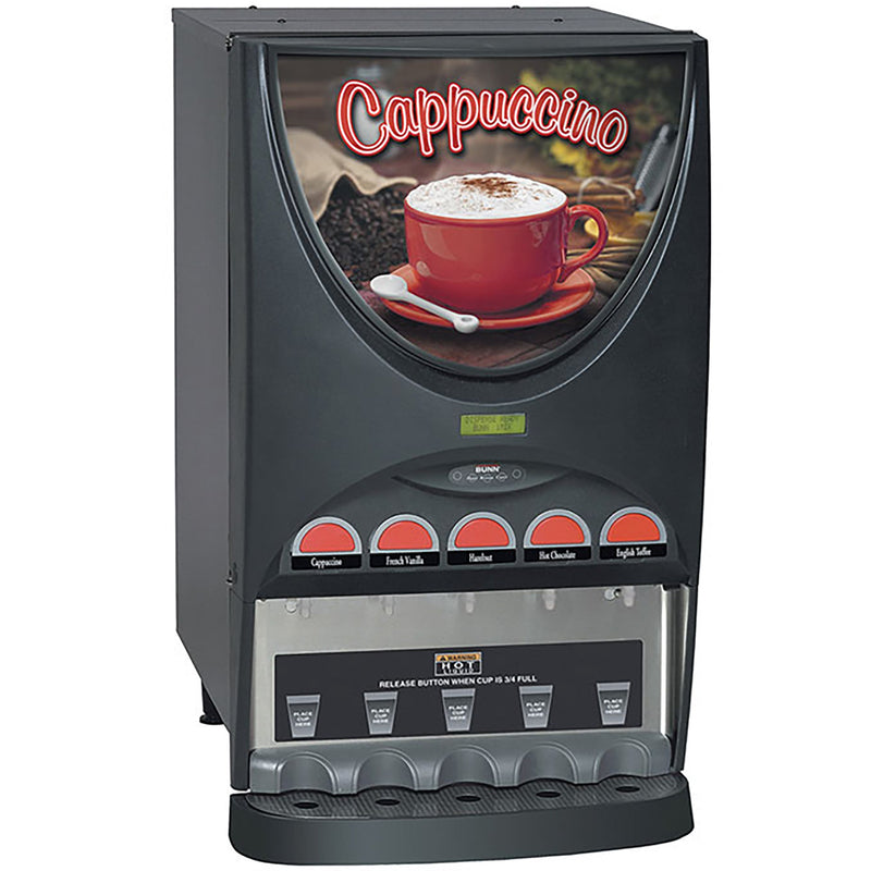 Bunn iMIX-5 black powdered hot drink dispenser with five flavour buttons and illuminated cappuccino door panel