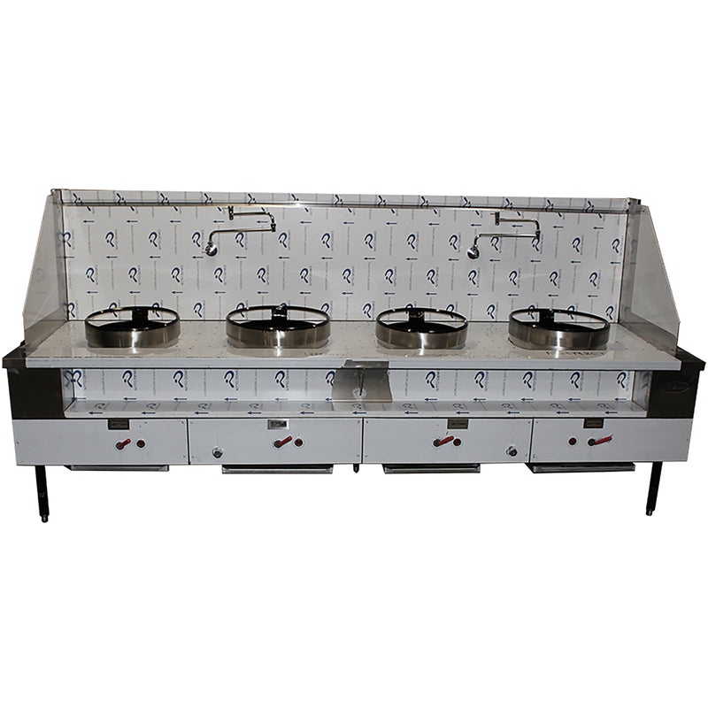 Cambo CAM-4 natural gas or propane four burner wok range in stainless steel with high backsplash and faucets