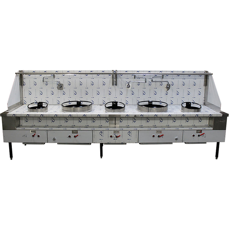 Cambo CAM-5 natural gas or propane five burner wok range in stainless steel with long backsplash and faucets