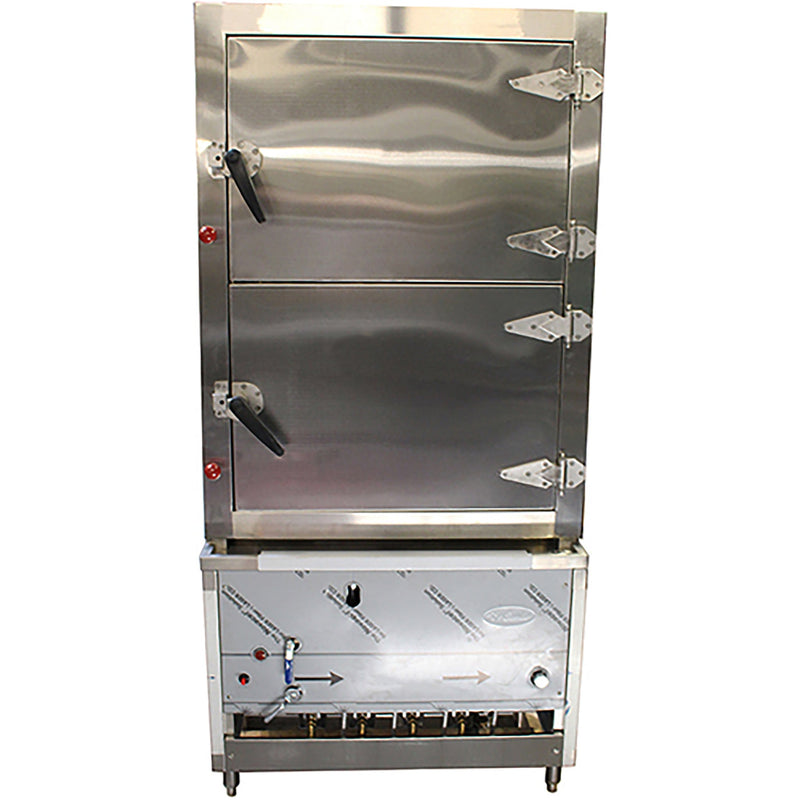 Cambo HES-C-2 natural gas 2 door steaming cabinet in stainless steel with latched doors and burner base