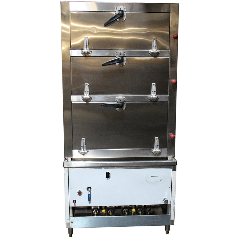 Cambo HES-C-3 natural gas 3 door steaming cabinet in stainless steel with stacked latched doors, front view