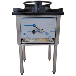 Cambo SP Series single stock pot range with wok adapter ring on top, stainless steel with valve panel, front view