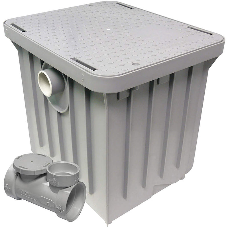 Canplas Endura grey polyethylene grease trap, tall ribbed model with inlet and outlet fittings and flow control tee
