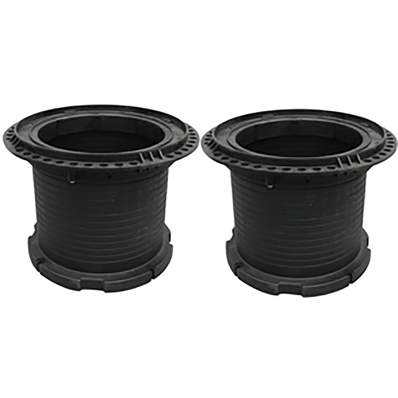 Canplas Endura riser pair for XL grease traps, two short black polyethylene risers side by side, shorter 18-inch option