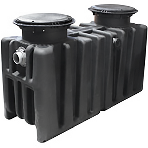 Canplas Endura XL 150 GPM grease trap in black polyethylene with two round access covers and long ribbed body, angled