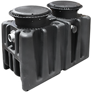 Canplas Endura XL 75 GPM grease trap in black polyethylene with twin round access covers and side inlet, angled view
