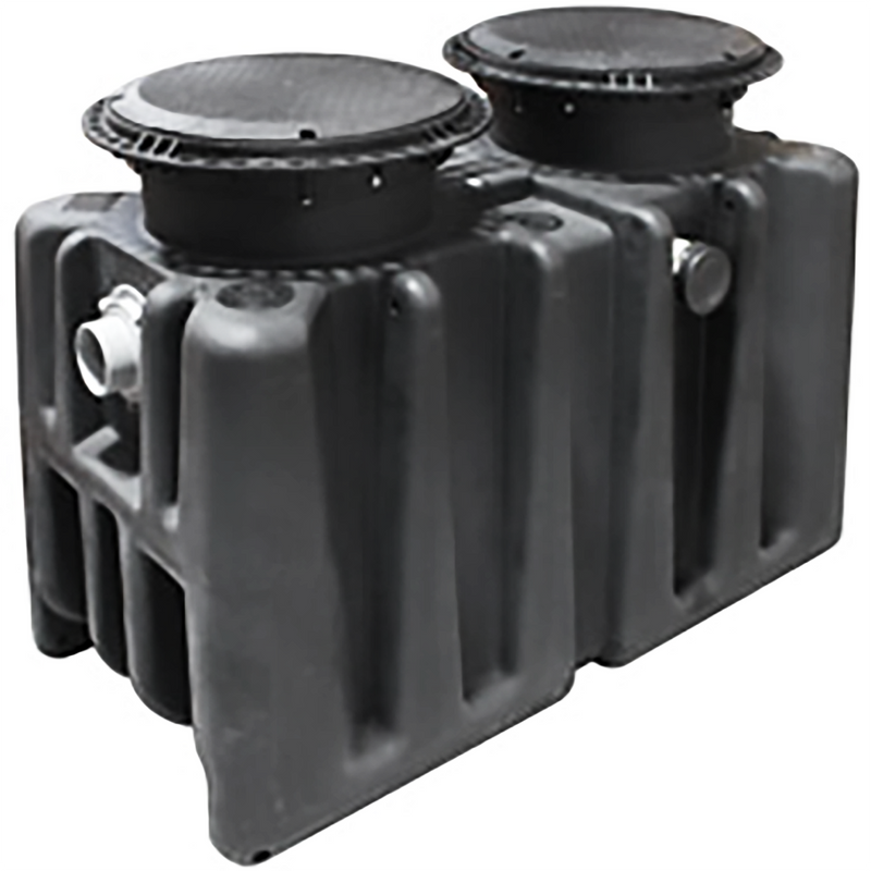 Canplas Endura XL 75 GPM grease trap in black polyethylene with twin round access covers and side inlet, angled view