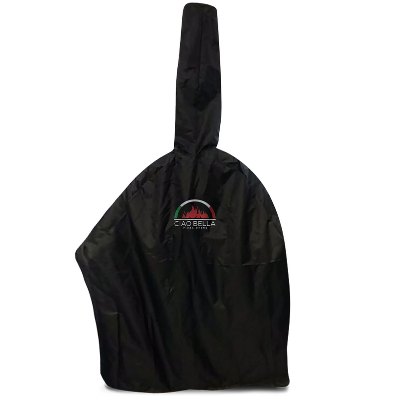 Ciao Bella Primo full premium woven oven cover in black with logo, fitted to cover the oven dome and tall chimney