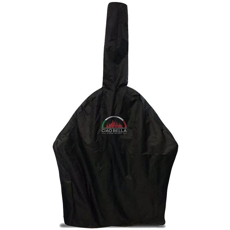 Ciao Bella Quattro full premium woven oven cover in black with logo, fitted shape covering the dome and chimney