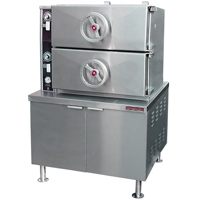 Crown EC-2 electric steaming compartment cooker with two round-handle doors on a stainless cabinet base, 16 pan capacity