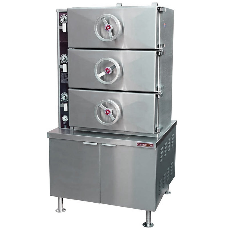 Crown EC-3 electric steaming compartment cooker with three stacked round-handle doors on a stainless cabinet base