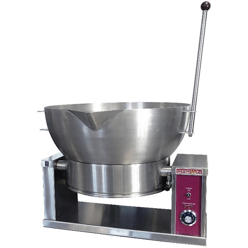 Crown ECTRS-16 electric countertop tilting skillet, 16 gallon, round stainless steel pan tilted forward with long handle