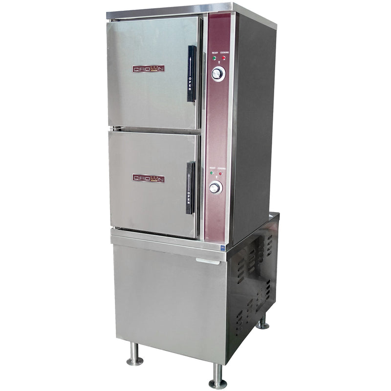 Crown ECX-10-24 electric steaming cabinet with two stacked compartments on a stainless steel cabinet base, 10 pan capacity