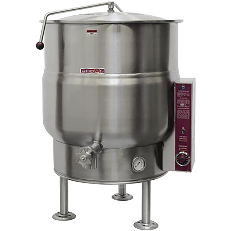 Crown EL-30 electric fixed steam kettle, 30 gallon, stainless steel on three legs with hinged lid and maroon controls