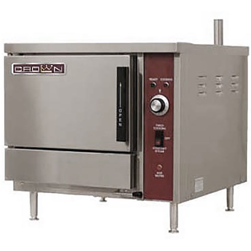 Crown EPX-3 electric countertop steaming cabinet, 3 pan capacity, stainless steel with side mounted controls, angled view