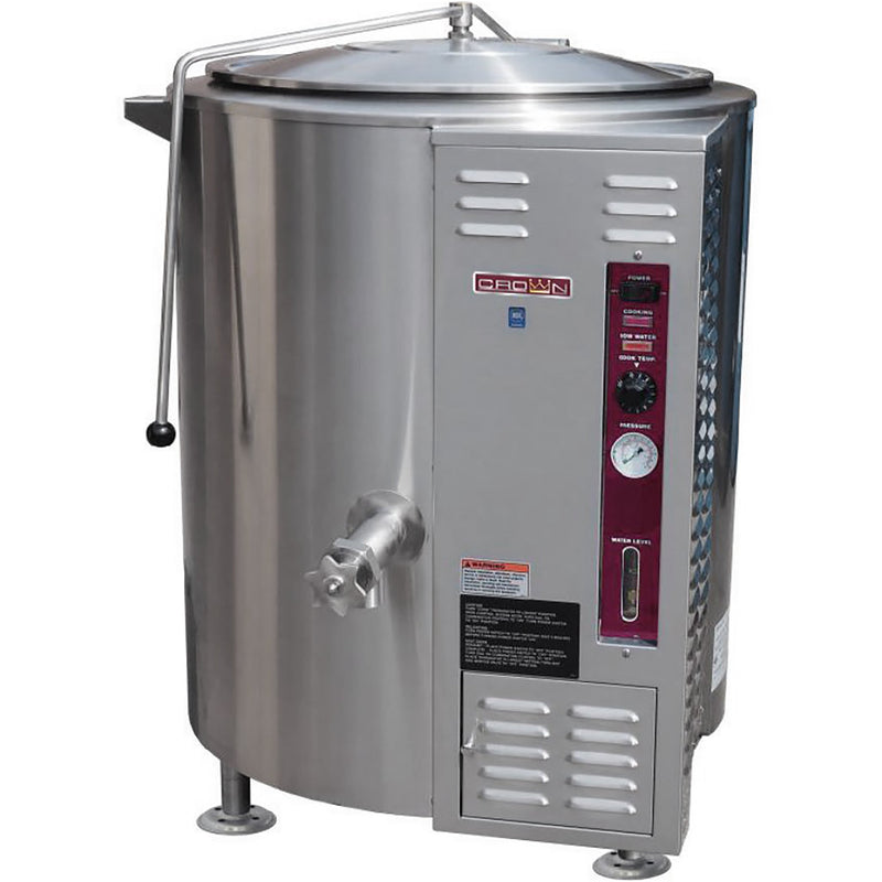 Crown GL-80E 80 gallon natural gas/propane fixed steam kettle in stainless steel with lid closed, front angled view