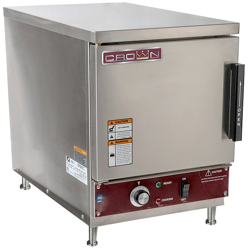 Crown SXN-4 electric countertop steaming cabinet, 4 pan capacity, stainless steel, angled view showing side and controls