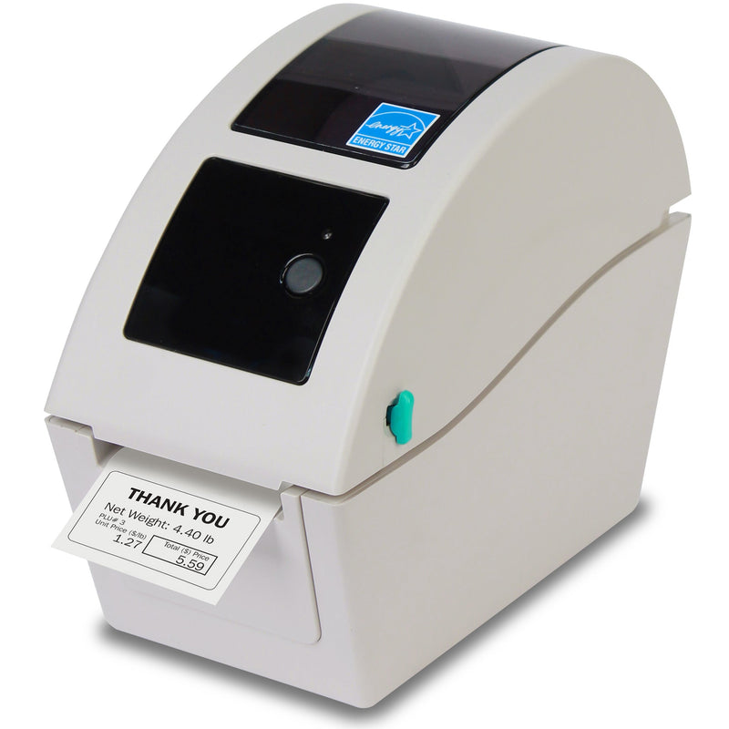 Detecto P225 thermal label printer in white and grey with a printed label feeding from the front, angled view