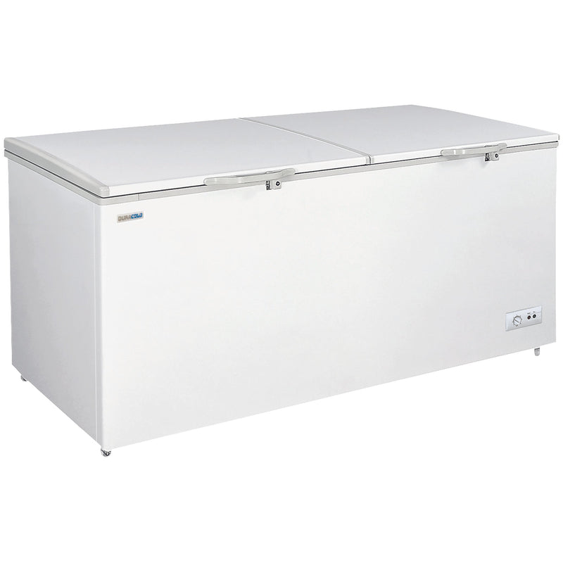 Duracold CF-76 76-inch white storage chest freezer with solid hinged lids closed, angled front view