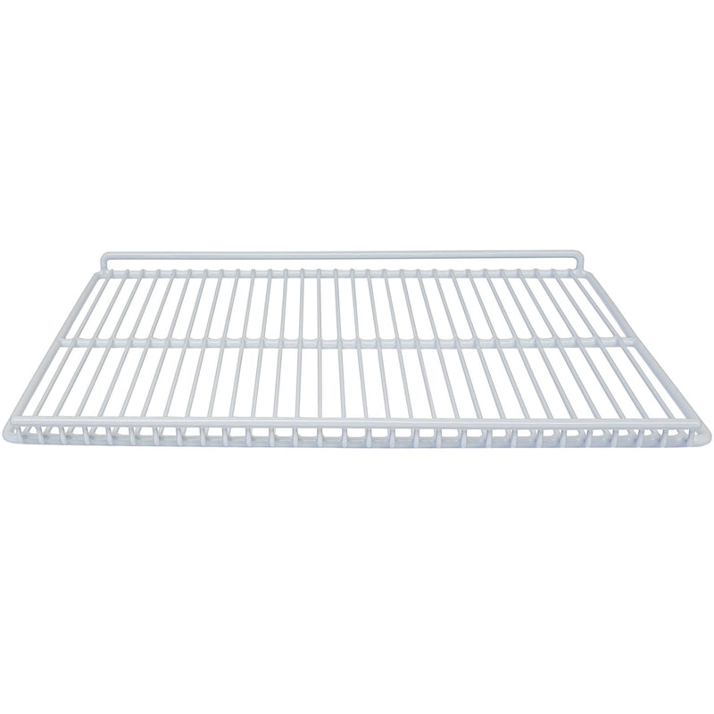 Duracold extra white epoxy-coated wire shelf for single glass door refrigerators, angled view of the full shelf