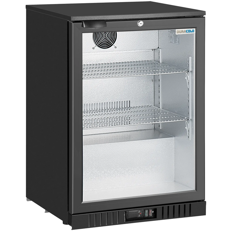 Duracold LG-138H 24-inch black back bar cooler with a single hinged glass door and wire shelves, angled front view