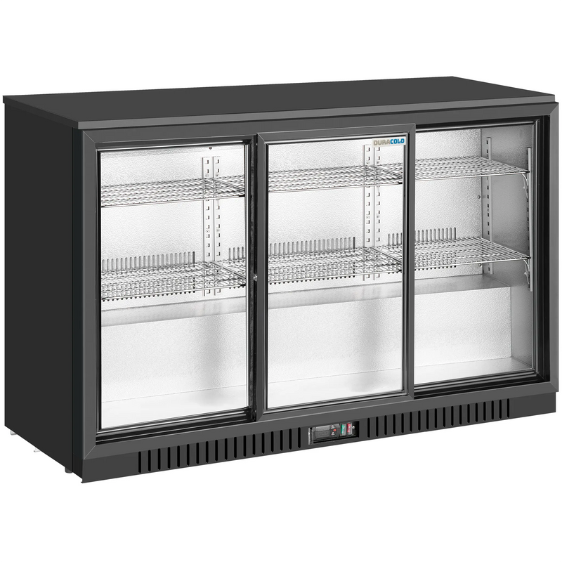 Duracold LG-330S 53-inch black back bar cooler with three sliding glass doors and wire shelves, angled front view