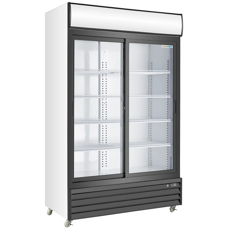 Duracold P1150WA 45-inch double sliding glass door display refrigerator in white and black with lit header, angled view