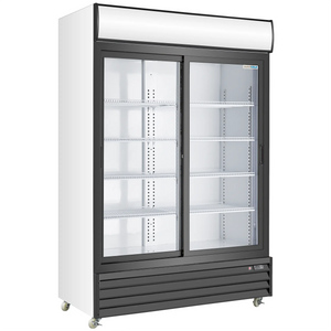 Duracold P1400WA 53-inch double sliding glass door display refrigerator in white and black with lit header, angled view