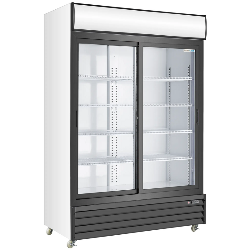 Duracold P1400WA 53-inch double sliding glass door display refrigerator in white and black with lit header, angled view