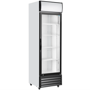 Duracold P430WA 24-inch single glass door display refrigerator in white and black with lit header, angled view