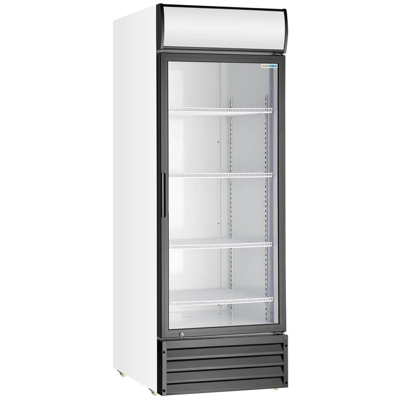 Duracold P600WB 28-inch single glass door display refrigerator in white and black with lit header and shelves, angled view