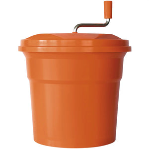 Dynamic E002 SD92 manual salad spinner, 5 gallon orange plastic bowl with lid and top crank handle