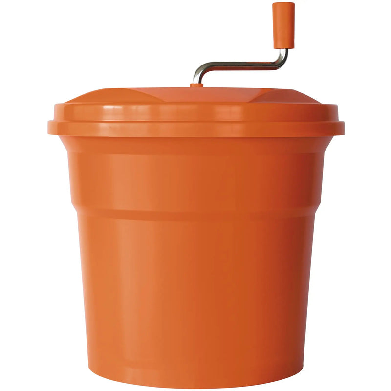 Dynamic E002 SD92 manual salad spinner, 5 gallon orange plastic bowl with lid and top crank handle