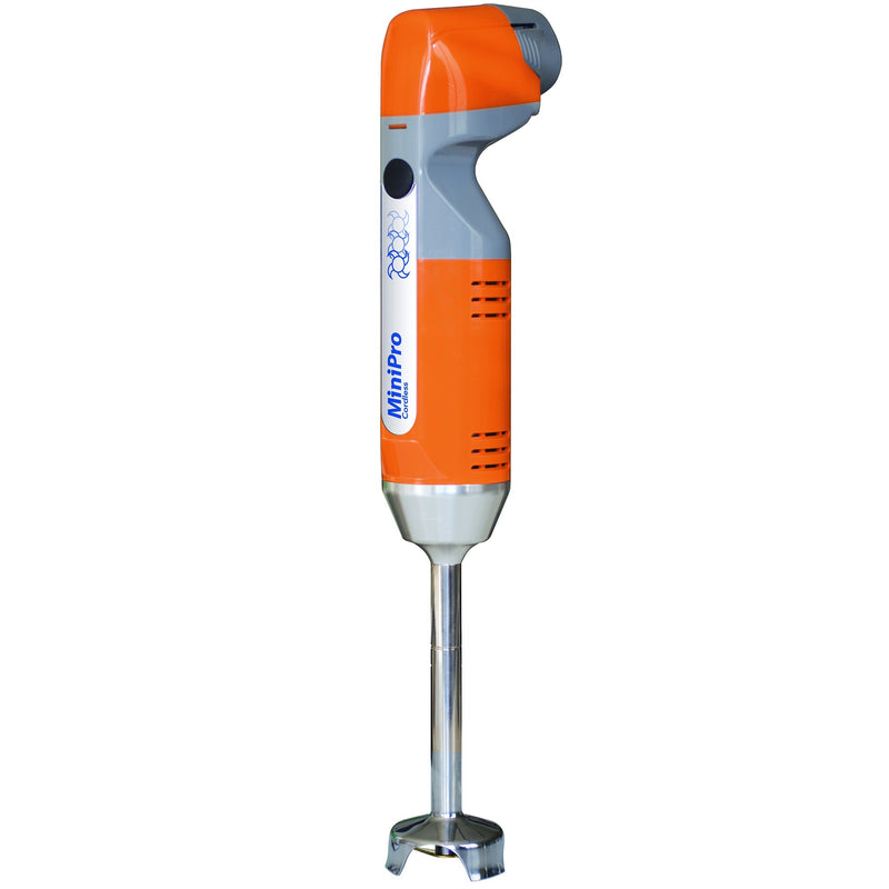 Dynamic MX135.1 Minipro cordless immersion blender, orange and grey body with 6.5-inch stainless blending arm