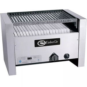 Emberglo 25C natural gas/propane countertop radiant 26 inch charbroiler, stainless steel with angled grate, front view