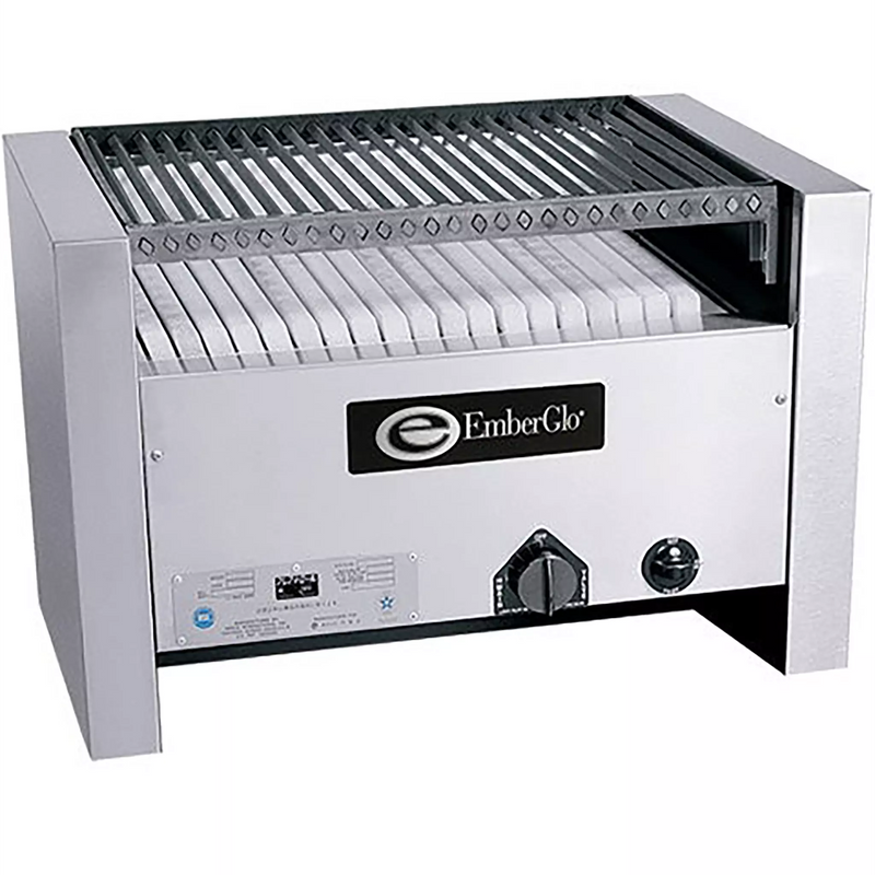 Emberglo 25C natural gas/propane countertop radiant 26 inch charbroiler, stainless steel with angled grate, front view