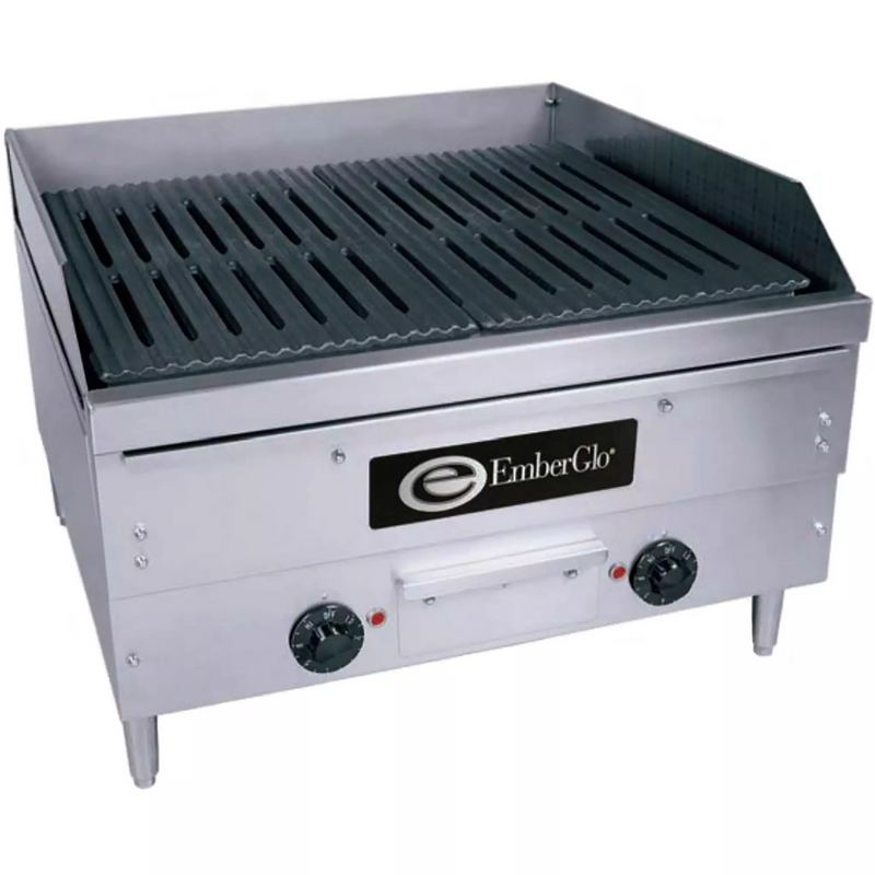 Emberglo E2424 electric countertop radiant 24 inch charbroiler, stainless steel with cast grates and two control knobs