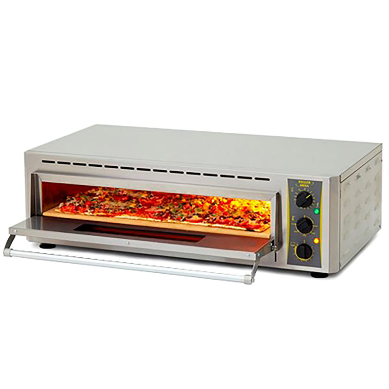 Equipex PZ-4302D electric 26-inch single deck countertop pizza oven with door open showing pizzas inside