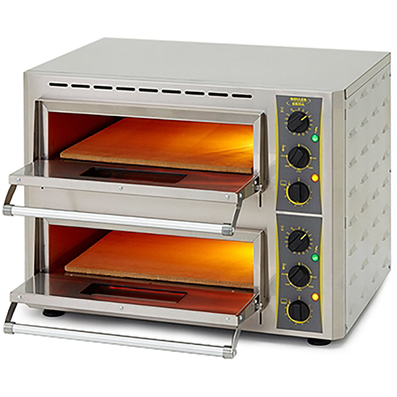 Equipex PZ-430D electric 17-inch double deck countertop pizza oven with both doors open showing heated decks