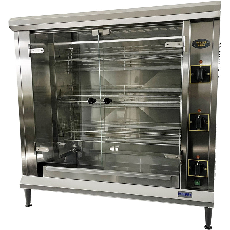 Equipex RBE-12 electric chicken rotisserie for 9 to 12 birds, stainless steel with glass doors, angled view